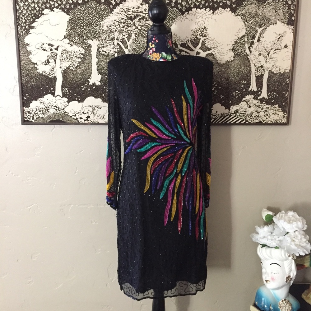 Vintage Gold Star Silk Sequin Hand Beaded Dress